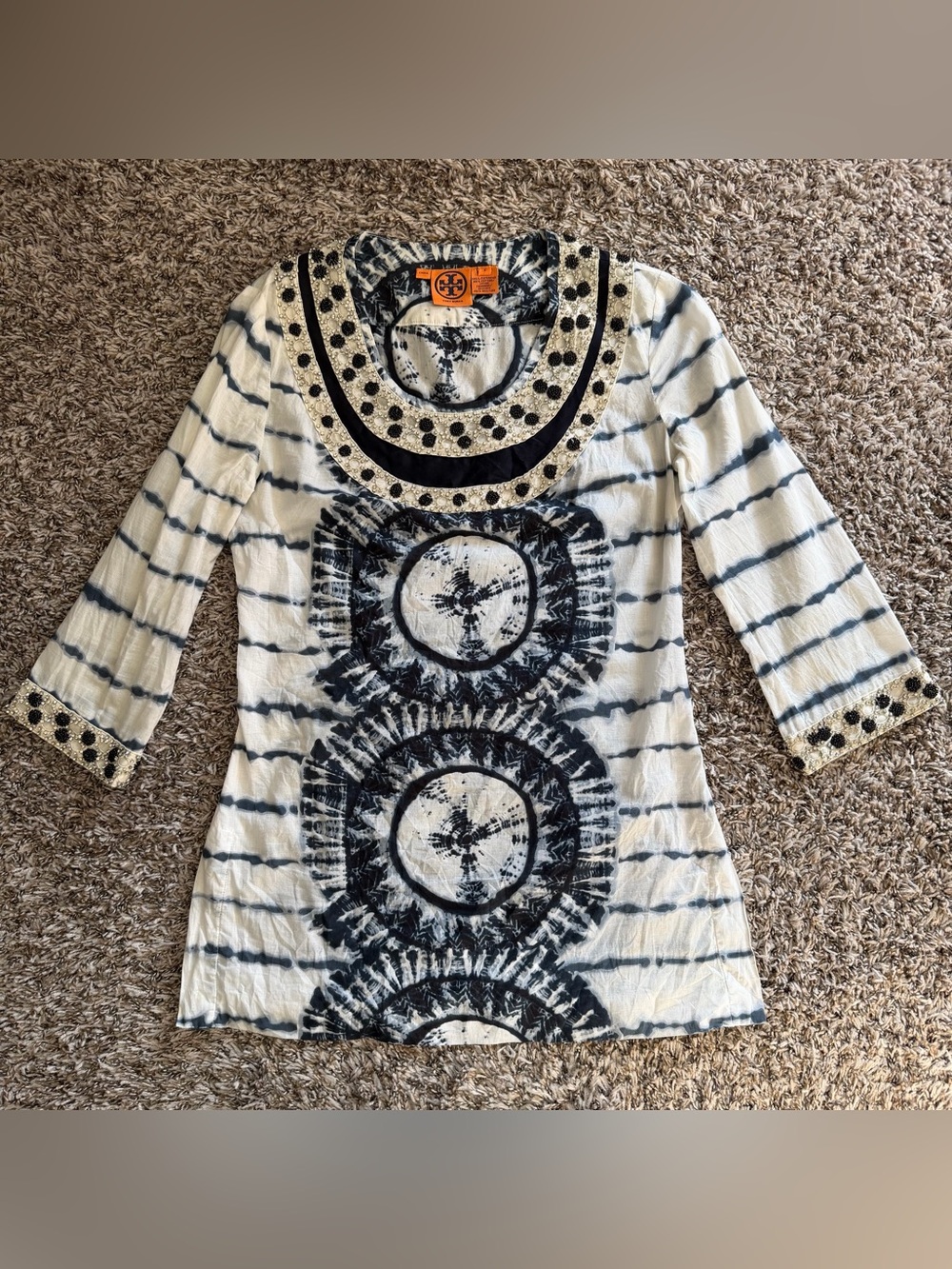 Tory Burch Blue & White Tie-Dye Embellished Scoop Neck Top with Side Zipper Sz 6